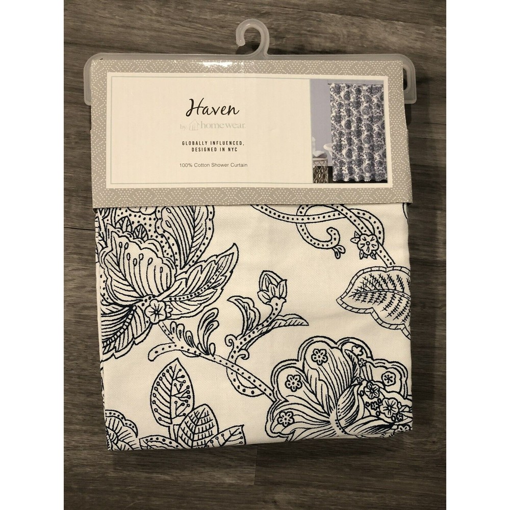 HAVEN BY HOMEWEAR SHOWER CURTAIN White/Navy FLORAL Medallion 100% COTTON New